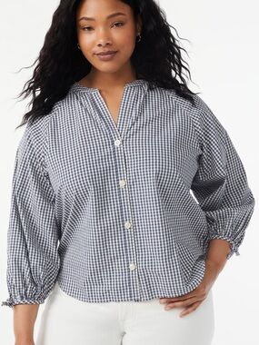 Gingham Boho Lightweight Blouse Navy White Button Down Size XS Western Cowgirl